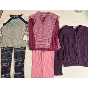 Bundle Of Girls Tops And Leggings With Purple Cotton Cabled Cardigan